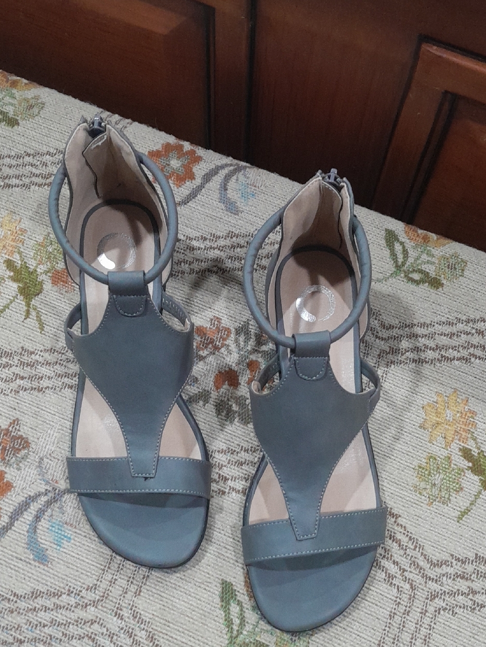 Journee Collection Gray T-Strap Ankle Zip Sandals